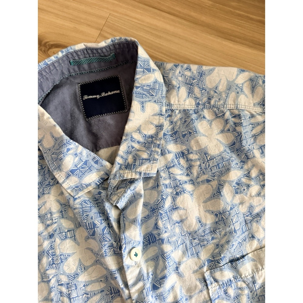 Tommy Bahama Floral Short Sleeve Button Up Shirt XL Silk Cotton Ivory Blue Men